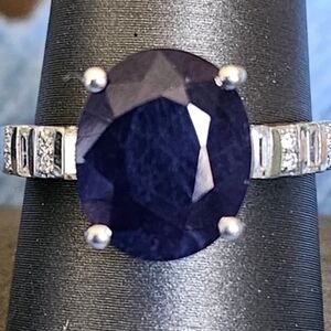 Masoala Sapphire & Moissanite 7.40 ctw Art Deco Ring Rhodium Over Sterling Silve